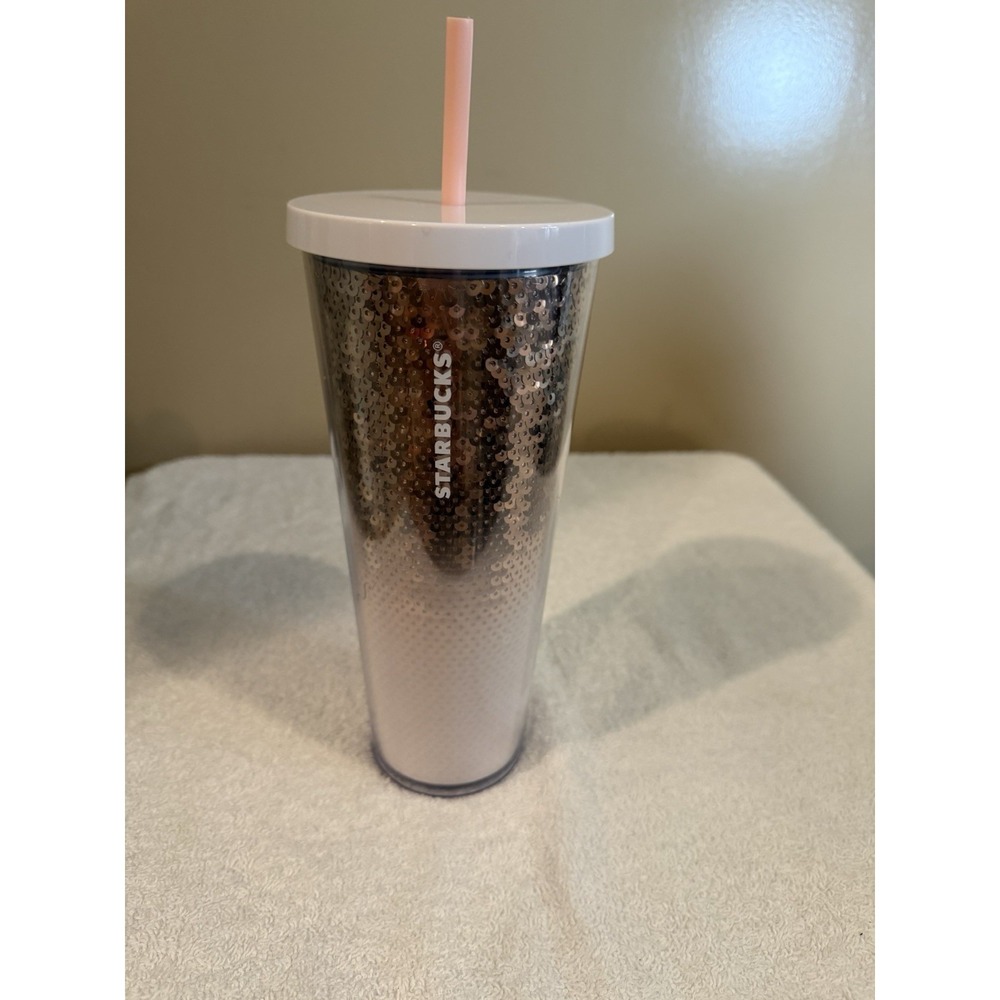 Starbucks Rose Gold White Sequin Plastic Tumbler 24 fl oz Three-Piece Pink Straw